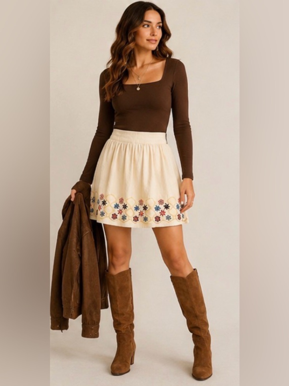 Mini Chica Embroidered Skirt Cream Floral Boho A-Line Mini Western M